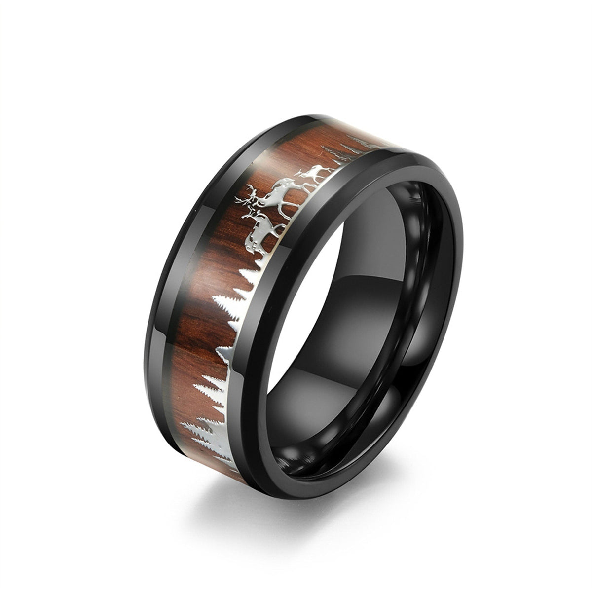 Forest Deer Wood Inlay Band Ring