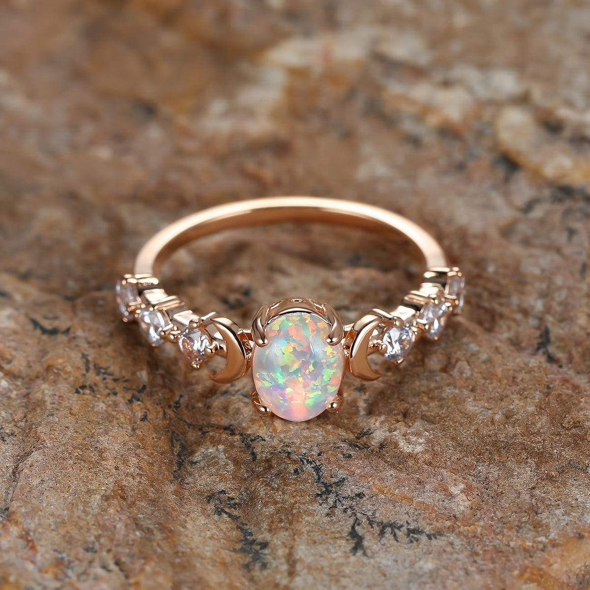 Opal Crescent Moon Ring – Rose Gold