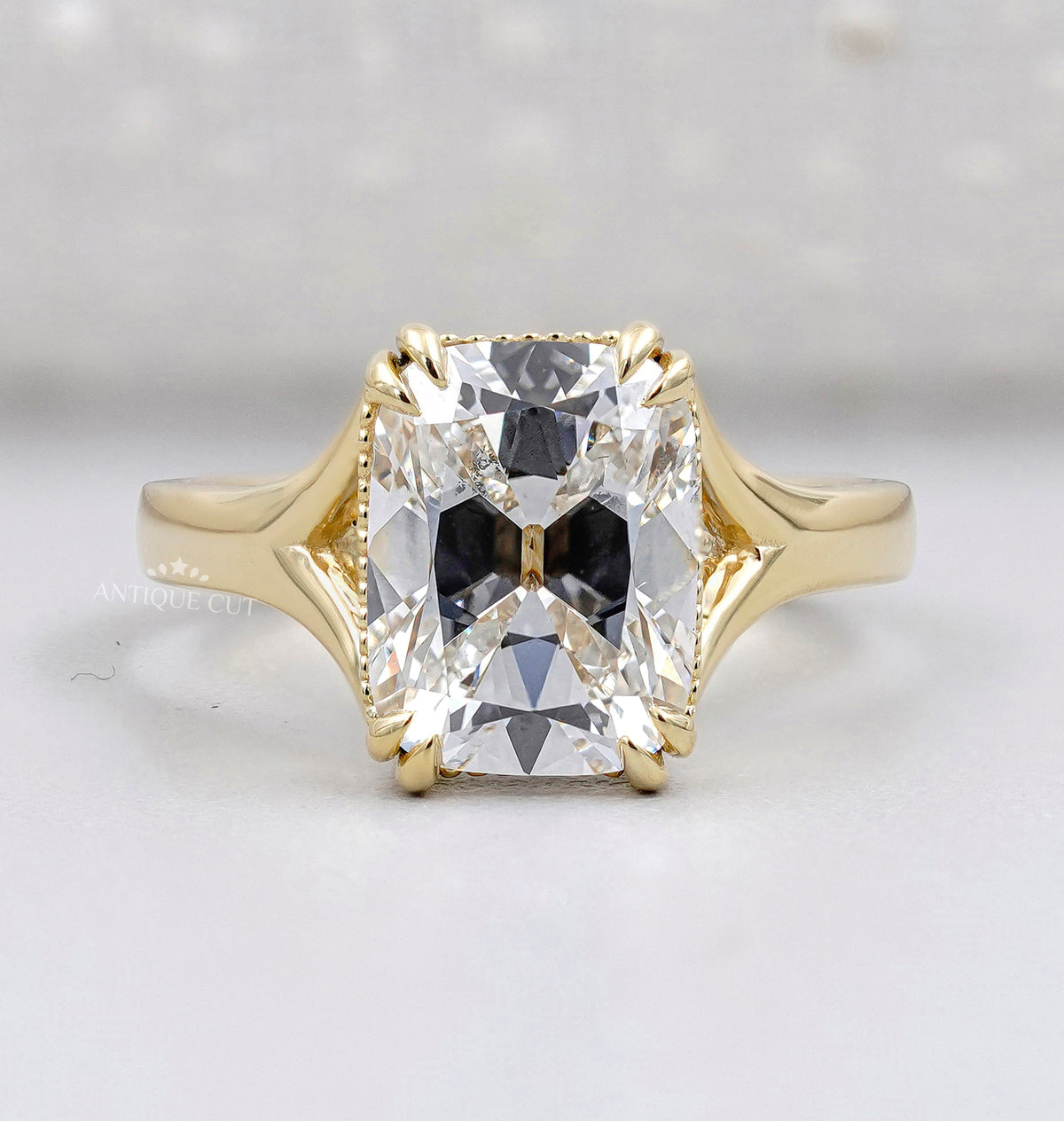 Old Mine Cushion Cut Split Shank Ring