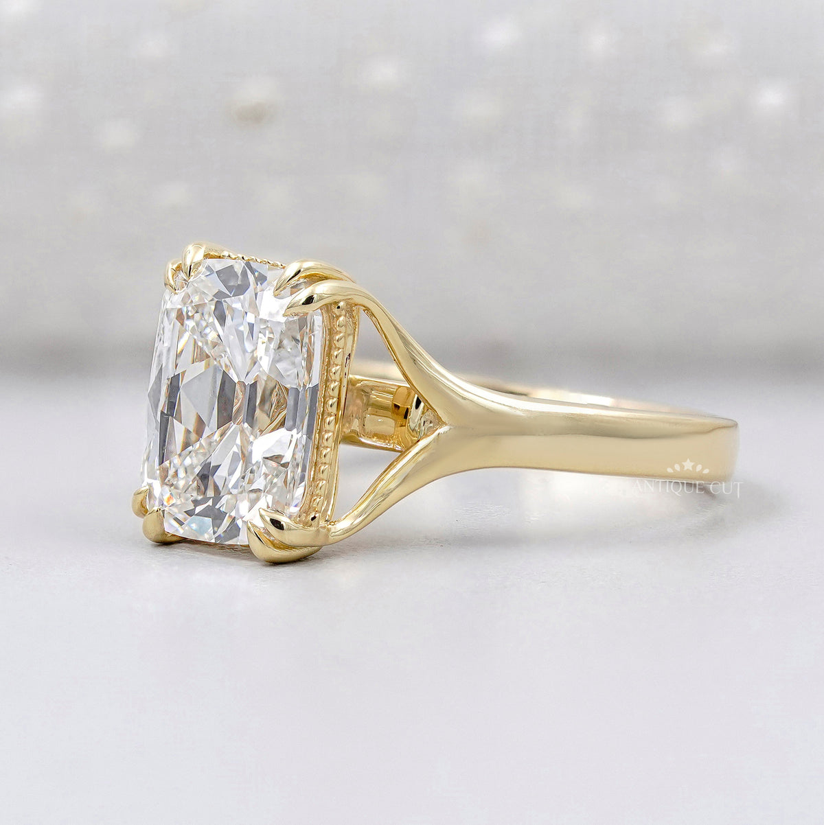 Old Mine Cushion Cut Split Shank Ring