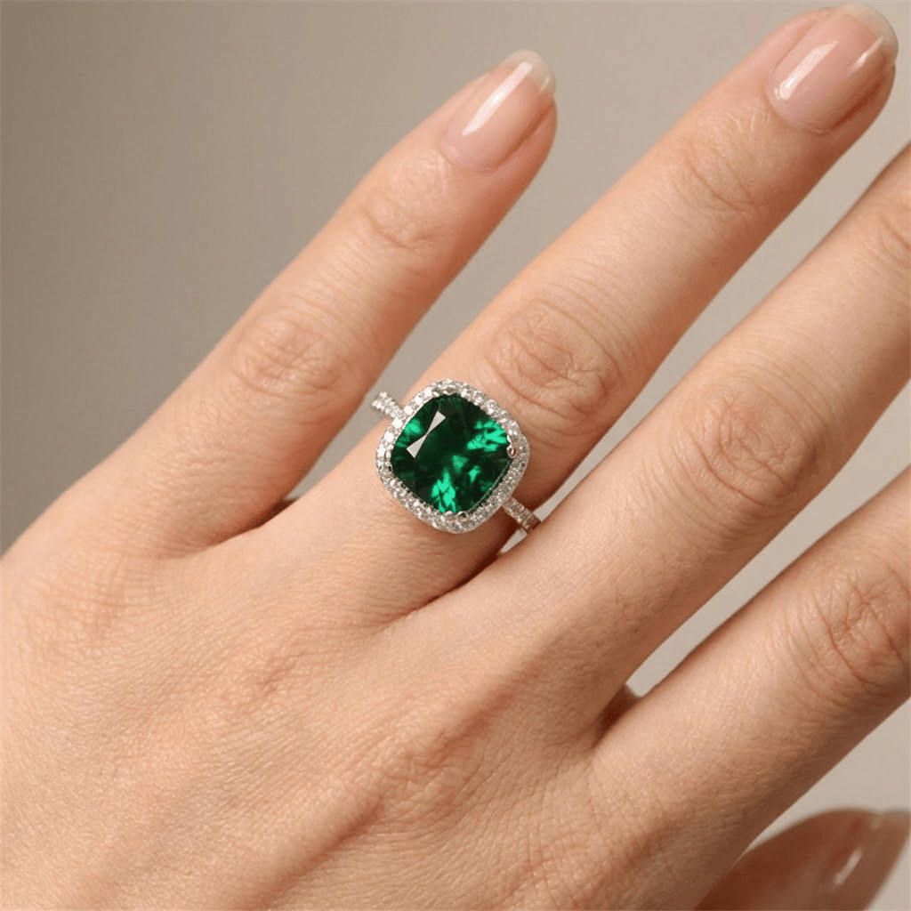 Elegant Emerald Cushion Halo Ring