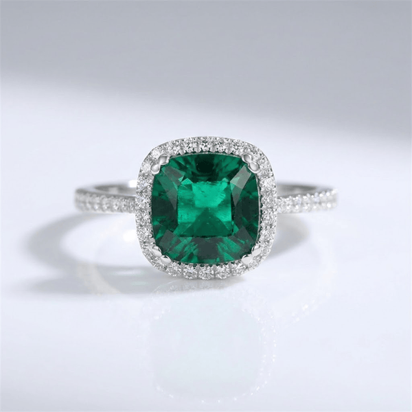 Elegant Emerald Cushion Halo Ring