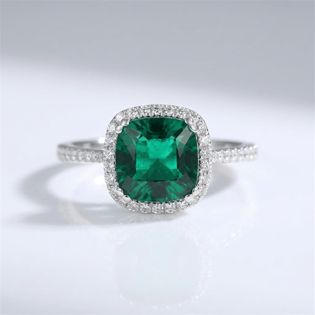 Elegant Emerald Cushion Halo Ring
