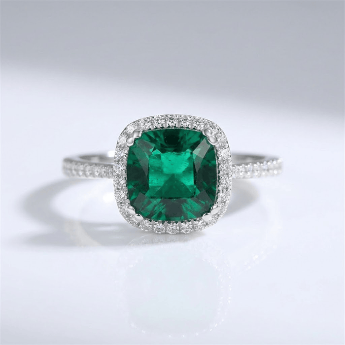 Elegant Emerald Cushion Halo Ring