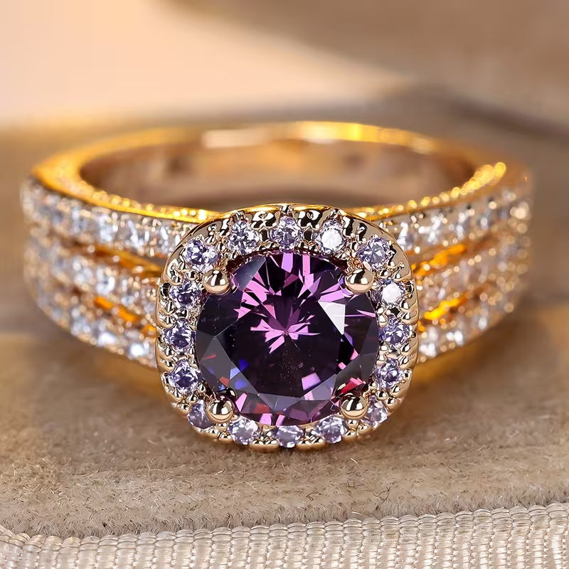 Amethyst Halo Gold Ring