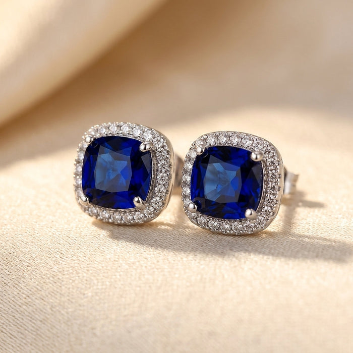 Sapphire Halo Stud Earrings – Silver