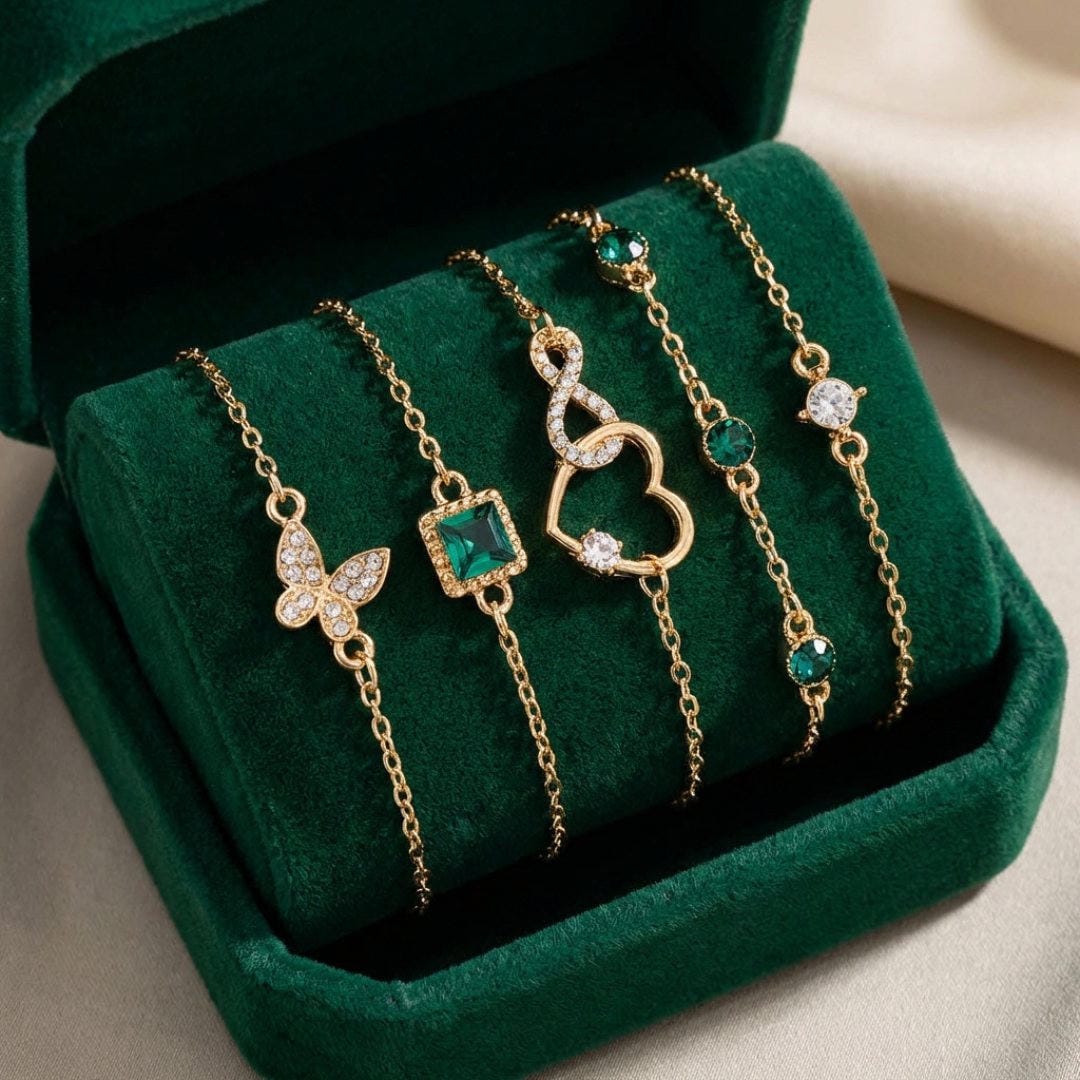 Openwork Heart Bracelet Set with Green Crystal