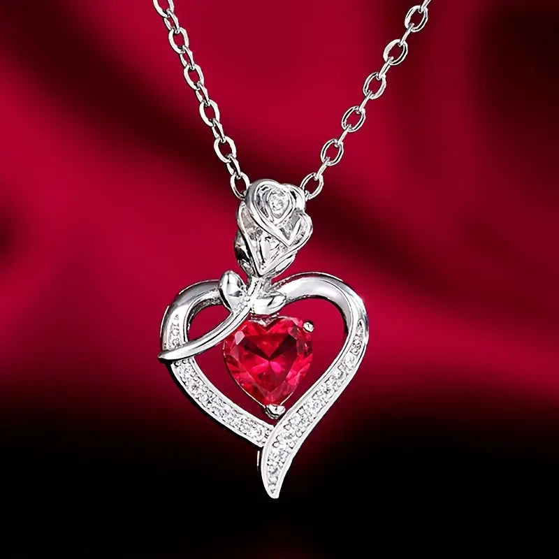 Ruby Heart Pendant Necklace – Silver