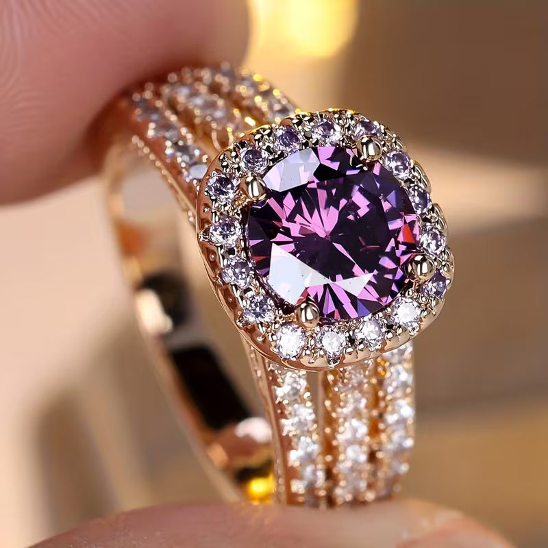 Amethyst Halo Gold Ring