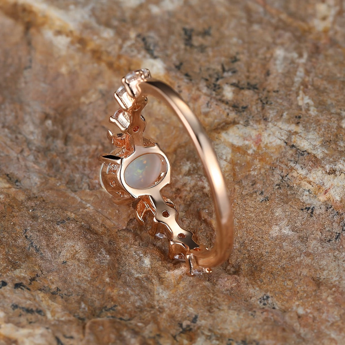 Opal Crescent Moon Ring – Rose Gold