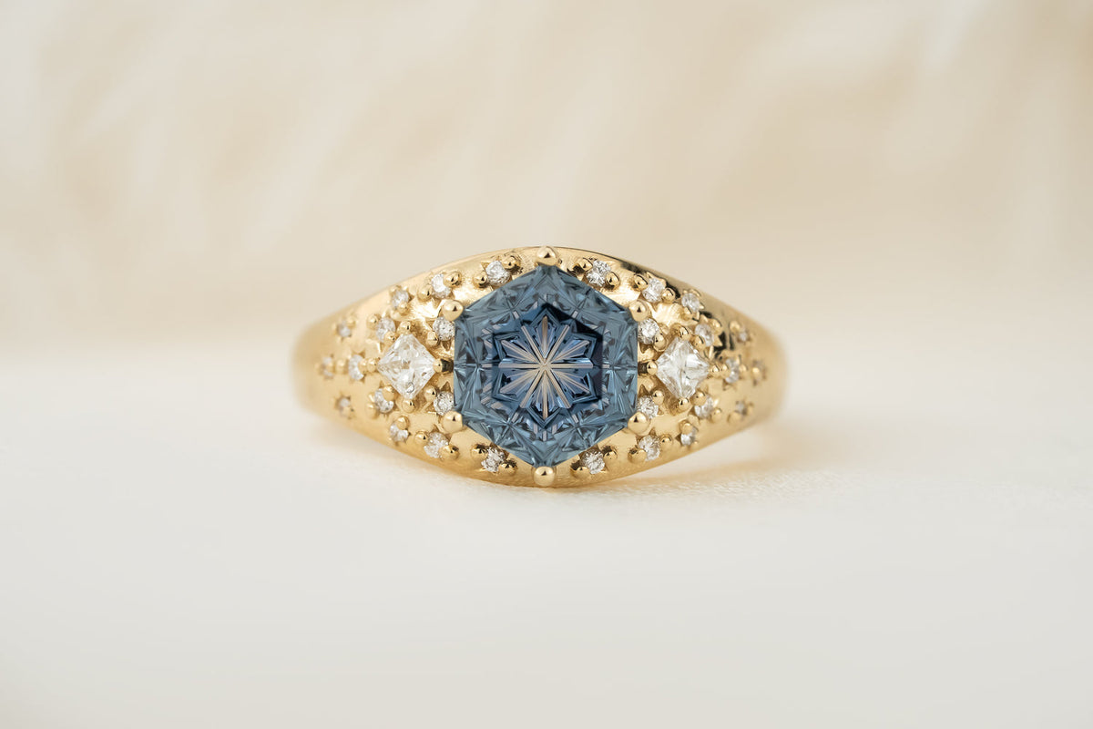 Gold Blue Hexagon Crystal Ring