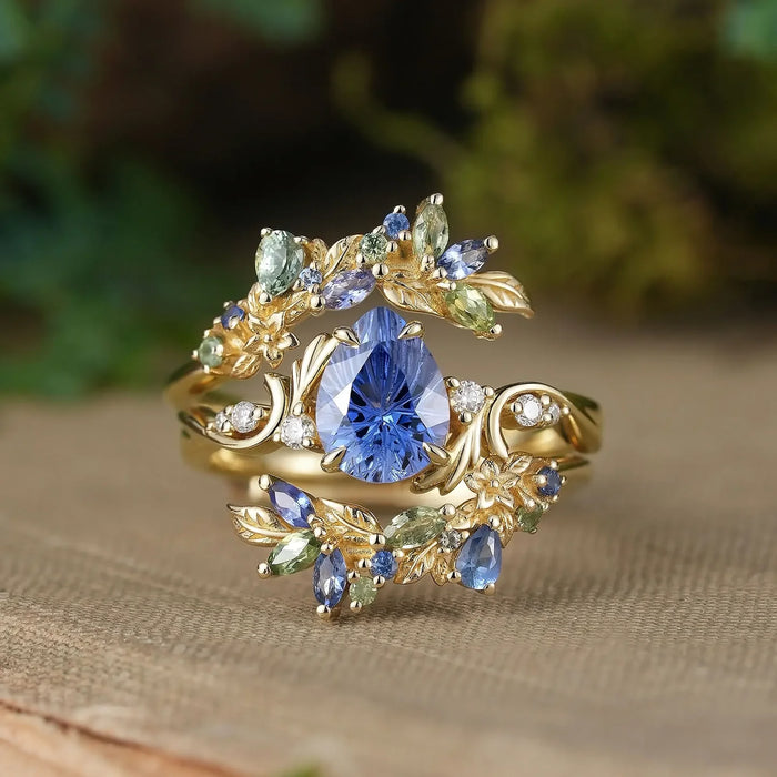 Blue Pear Sapphire Leaf Ring