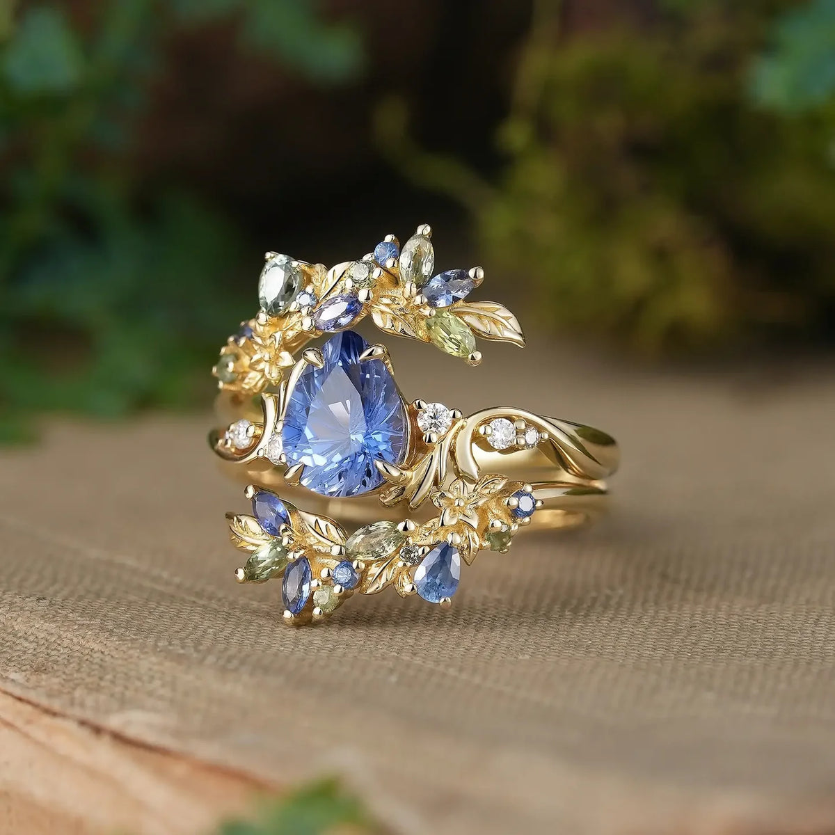 Blue Pear Sapphire Leaf Ring