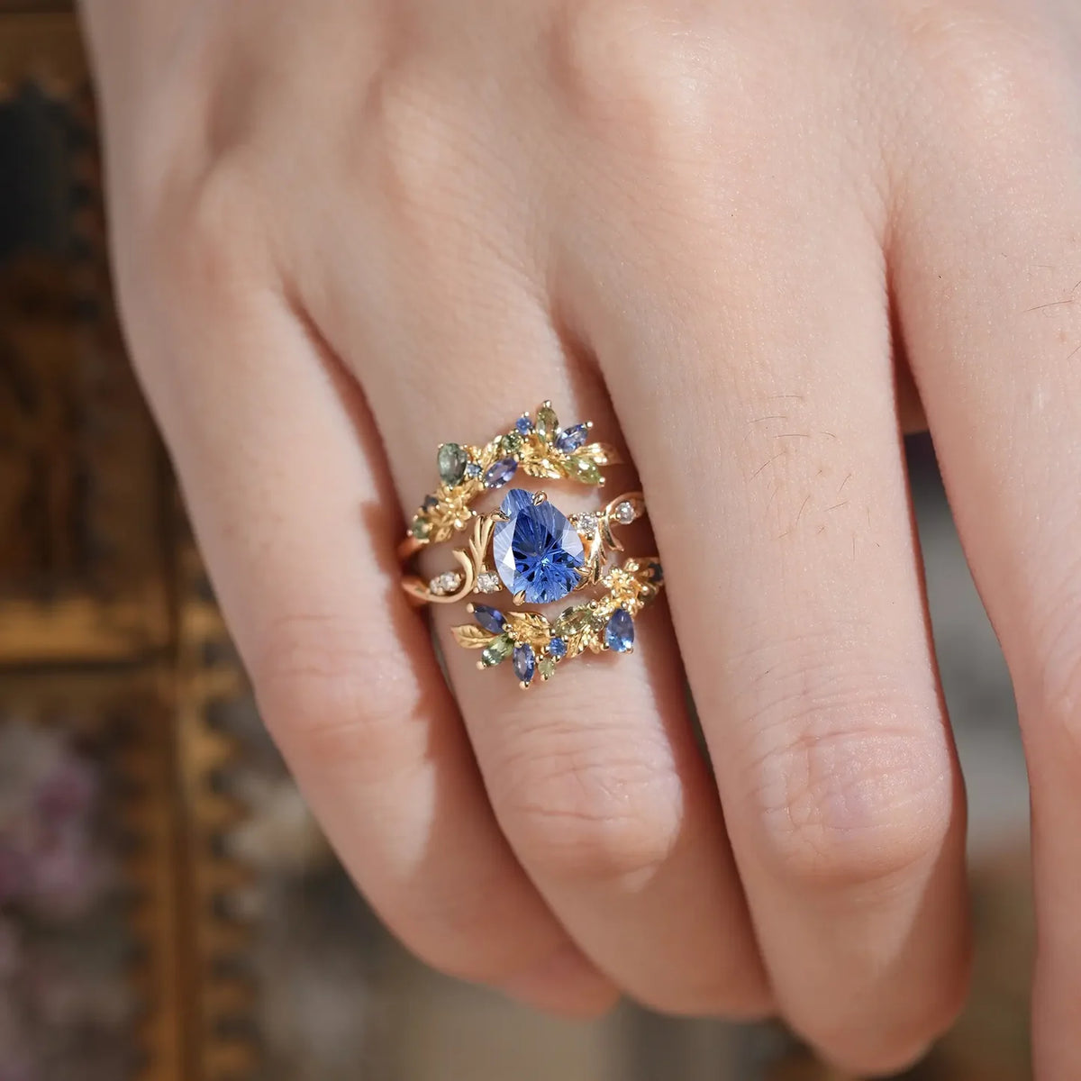 Blue Pear Sapphire Leaf Ring