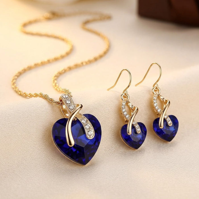 Sapphire Heart Necklace & Earrings Set – Gold