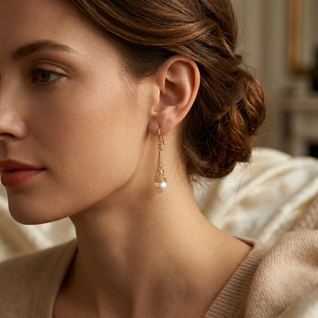 Filigree Pearl Drop Earrings – Gold