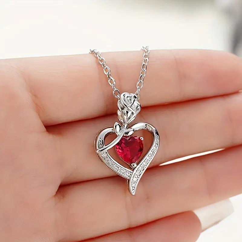 Ruby Heart Pendant Necklace – Silver