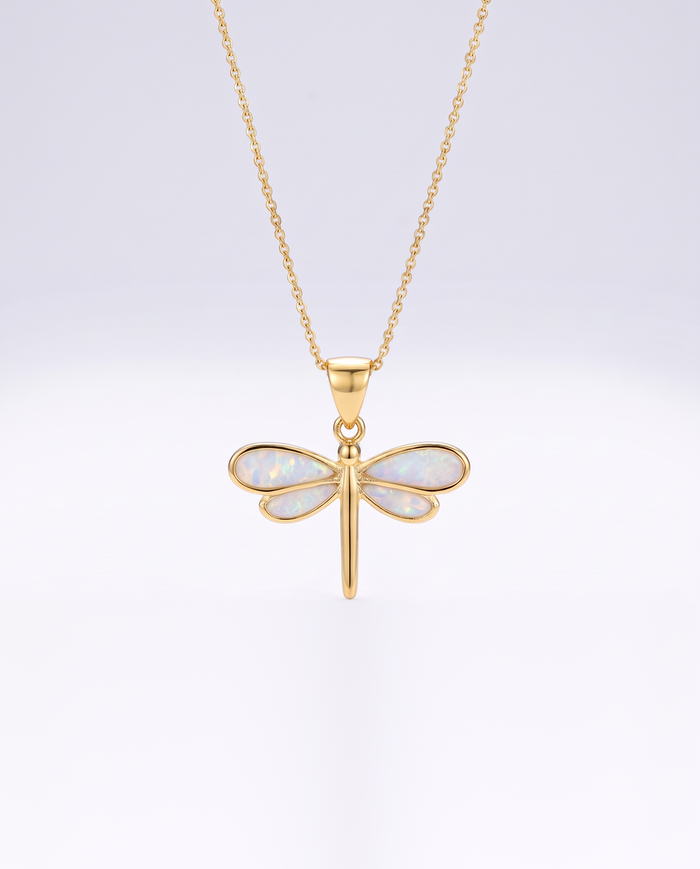 Dragonfly Necklace in Gold with Opal
