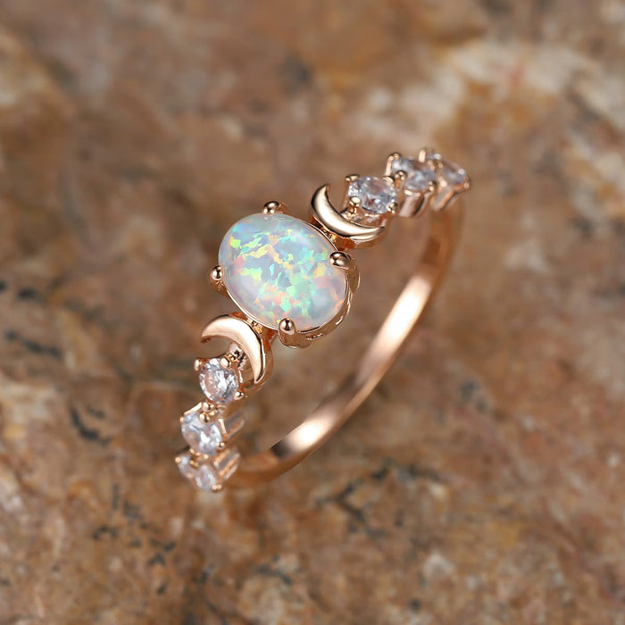 Opal Crescent Moon Ring – Rose Gold