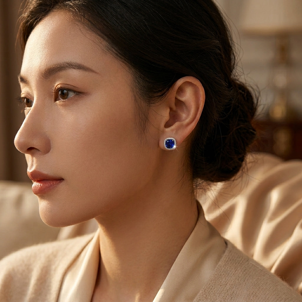 Sapphire Halo Stud Earrings – Silver