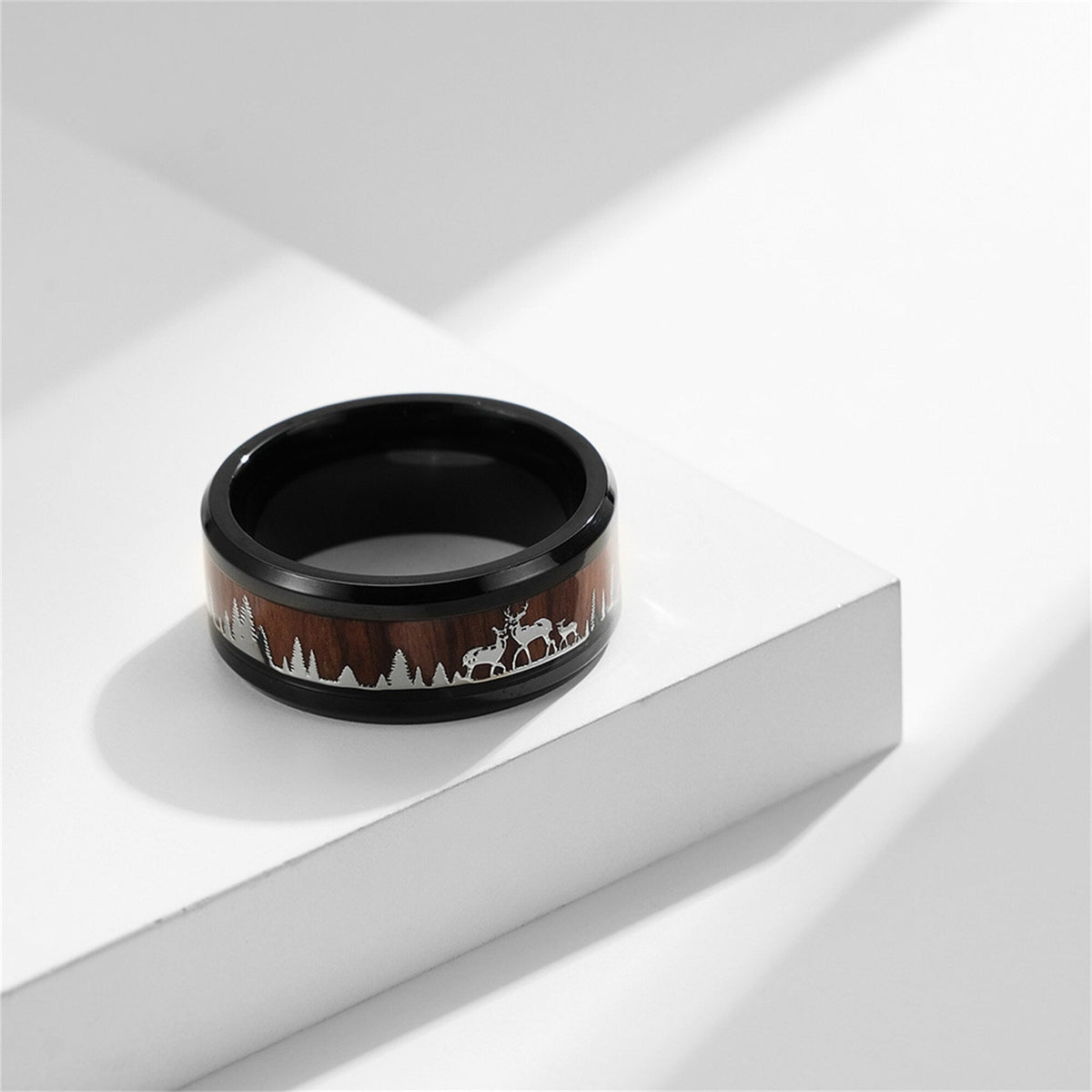Forest Deer Wood Inlay Band Ring
