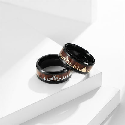 Forest Deer Wood Inlay Band Ring