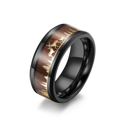 Forest Deer Wood Inlay Band Ring