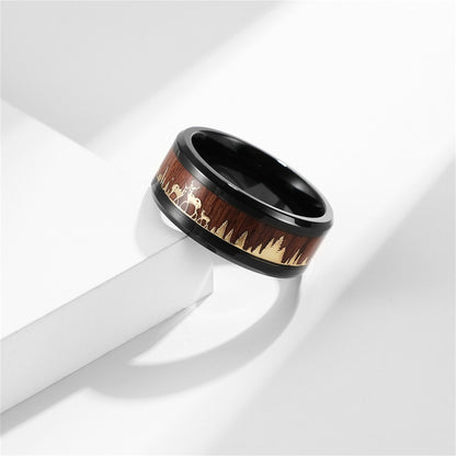 Forest Deer Wood Inlay Band Ring