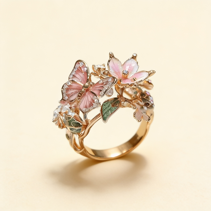 Nature-Inspired Luminous Butterfly Ring with Zircon