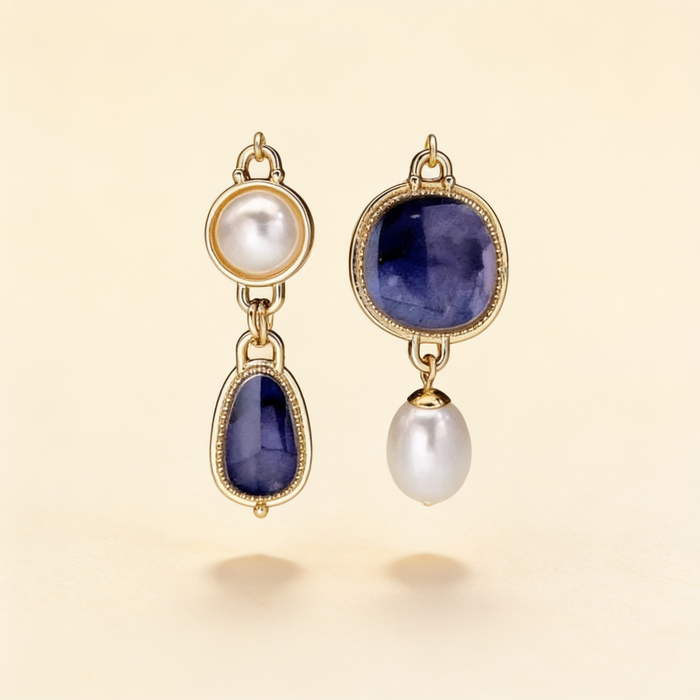 Elegant Earrings with Blue Stone and Pearls
