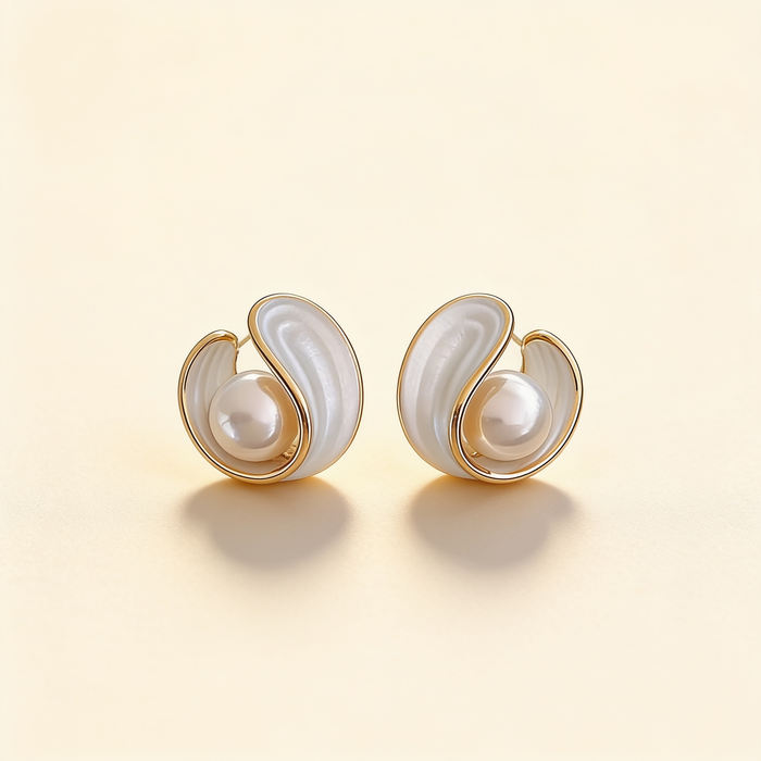 Gold Stud Earrings with Pearl and White Enamel