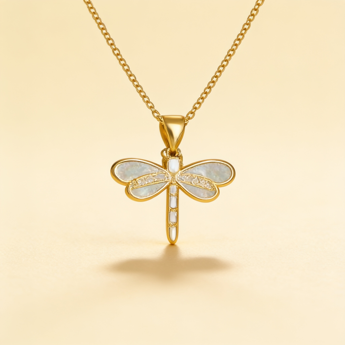 Dragonfly Necklace in Gold with Opal