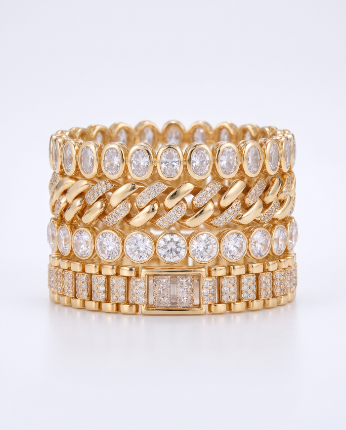 Adjustable Chunky Gold Bracelet Set with Cubic Zirconia