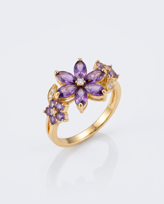 Marquise Amethyst Flower Blossom Ring