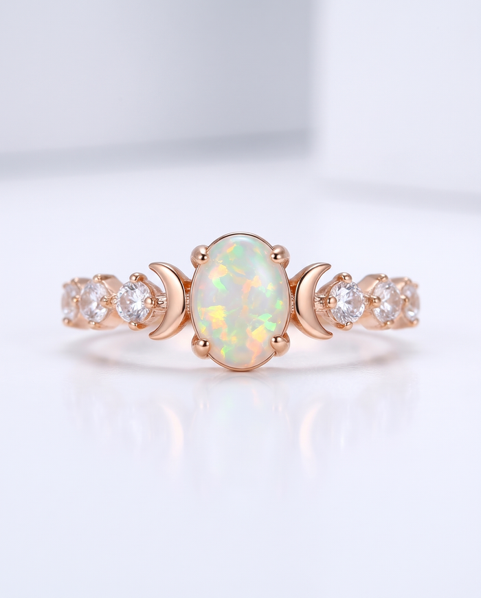 Opal Crescent Moon Ring – Rose Gold