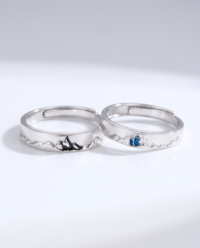 Mountain Ocean Couple Matching Band Ring