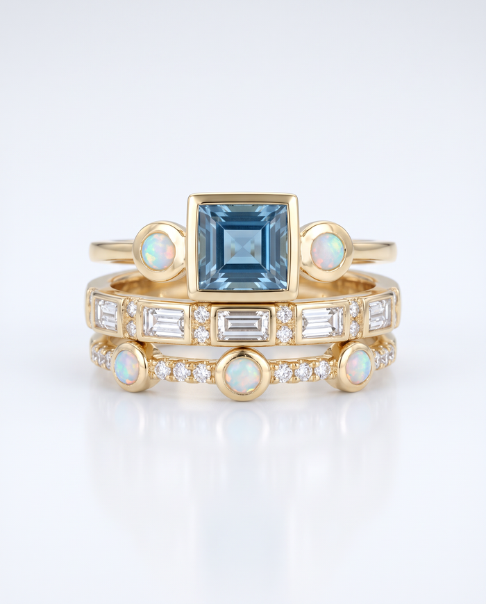 Vintage Ocean Ring Set with Blue Crystal