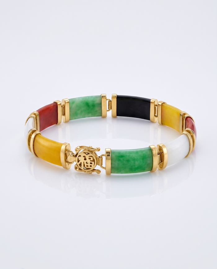 Multicolored Jade "Good Fortune" Bracelet in 18kt Gold Over Sterling
