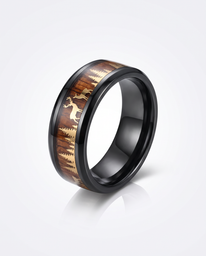 Forest Deer Wood Inlay Band Ring