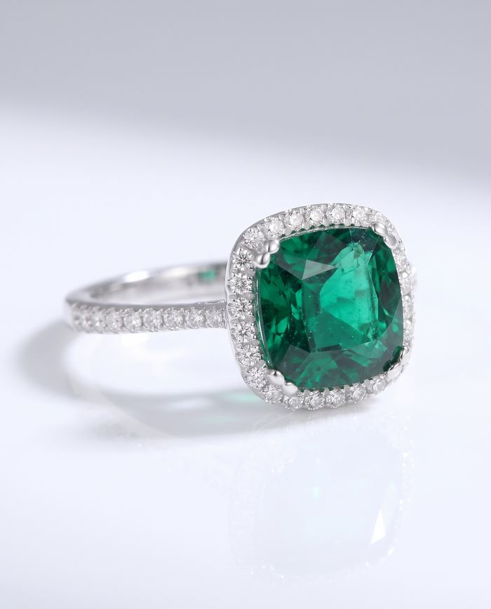 Elegant Emerald Cushion Halo Ring