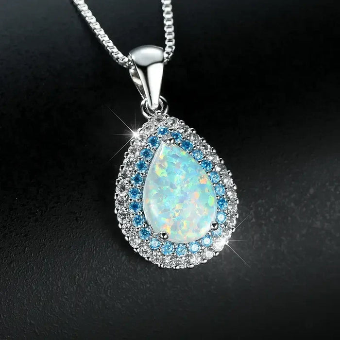 Elegant Sparkling Blue Opal Pendant Necklace – White Gold