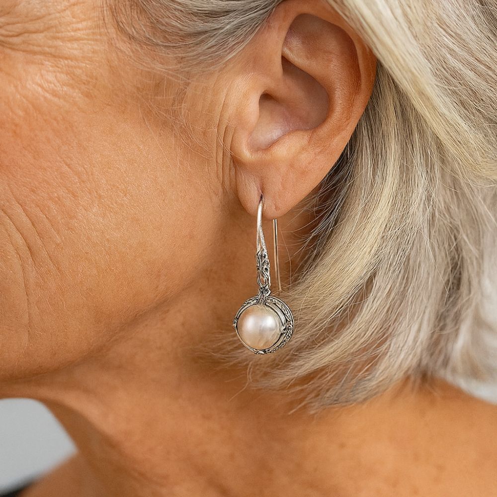 Vintage Inlaid Silver Pearl Earrings